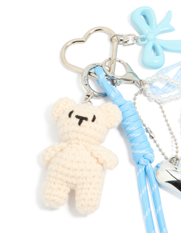 Cream Crochet Bear & Blue Bows Key Chain