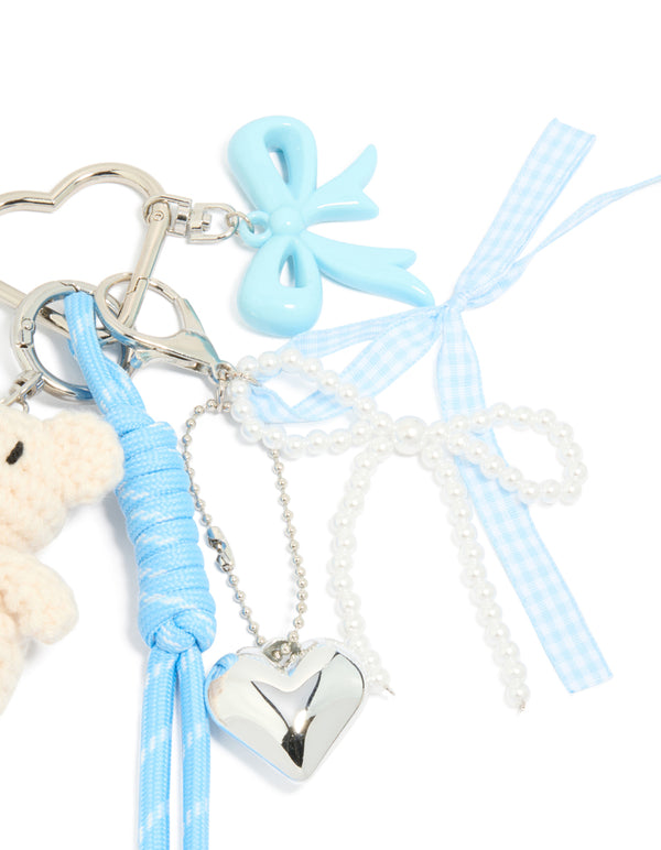 Cream Crochet Bear & Blue Bows Key Chain