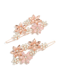 Elegantly crafted rose gold diamante detailed flower clips in a 2-pack with floral design front view - link has visual effect only