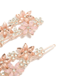 Beautiful rose gold diamante detailed flower clips featuring floral pattern in 2-pack side view - link has visual effect only