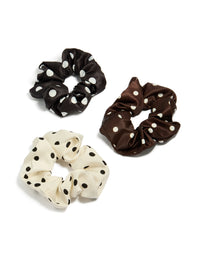 Discover polka dot pattern scrunchies in a 3-pack featuring black, ivory, saddle brown, and white front view - link has visual effect only