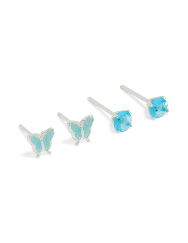 Featuring butterfly and crystal accents in stainless steel with cubic zirconia, turquoise enamel, waterproof stud closure, 2-pack front view
