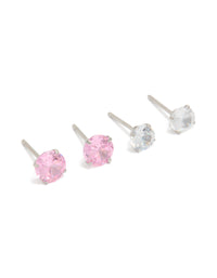 Featuring waterproof gold plated stainless steel stud earrings with round cut cubic zirconia crystals in light pink and clear front view - link has visual effect only