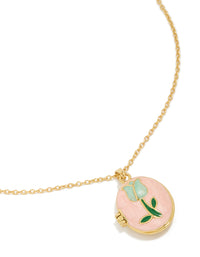 Discover this charming tulip locket necklace crafted from gold plated stainless steel with blue enamel featuring floral leaf pendant design front view - link has visual effect only
