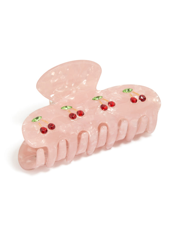 Showcasing tweens pink acrylic cherry gem hair claw clip with fruit featuring red, lime, and gold accents front view