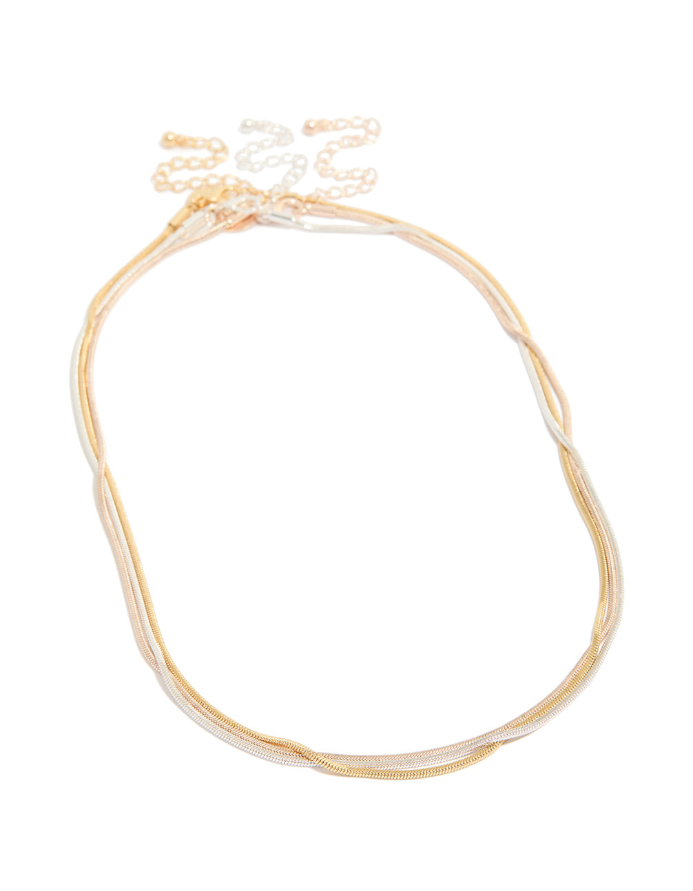 Discover a thin snake chain necklace 3-pack with mixed metal finishes in sterling silver plated, gold plated, and rose gold featuring pendant front view