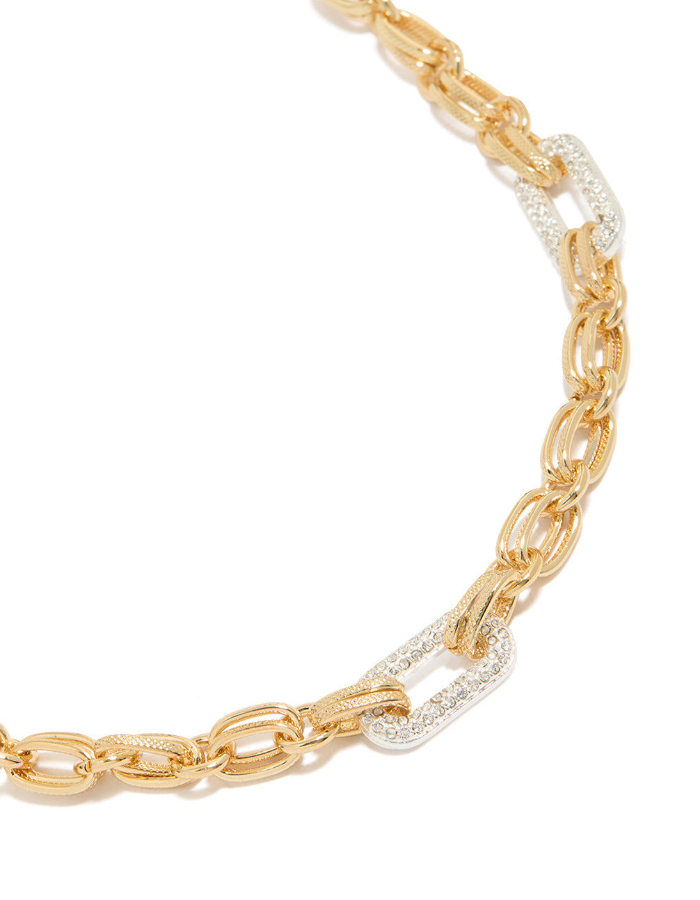 Showcasing a mixed metal plated diamante large multi link necklace crafted from gold and silver in a statement design close up view