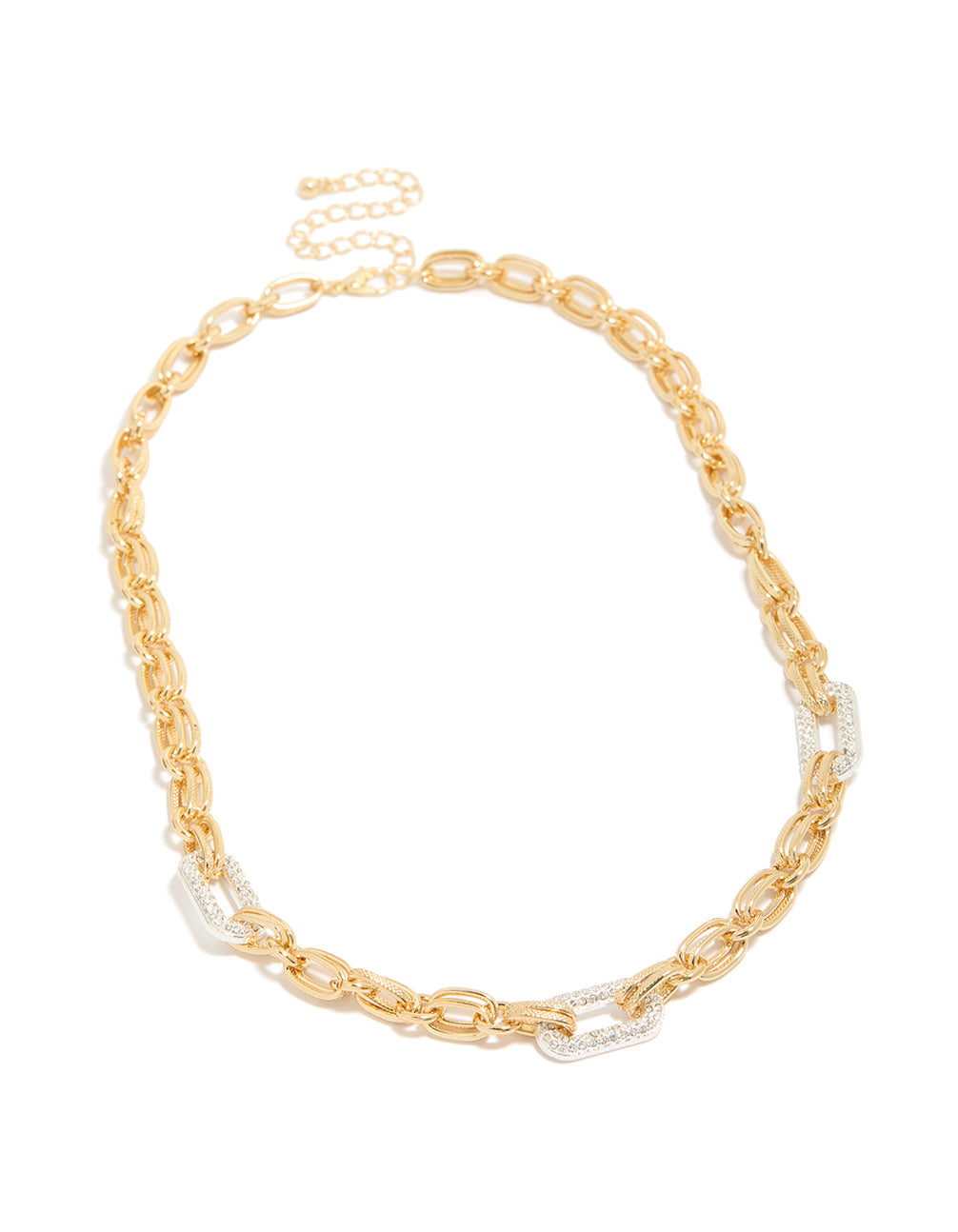 Displaying a mixed metal plated diamante large multi link necklace crafted from gold and silver in statement style front view
