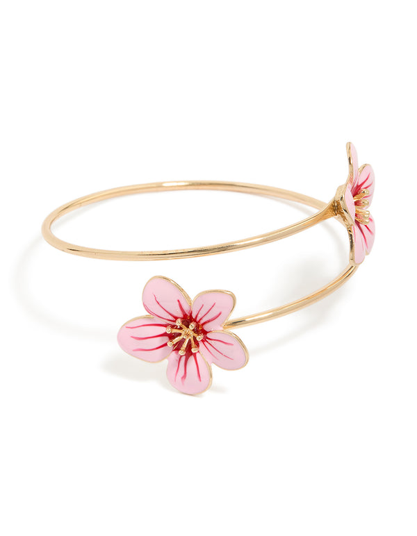 Gold Pink With Red Centre Enamel Flower Arm Cuff