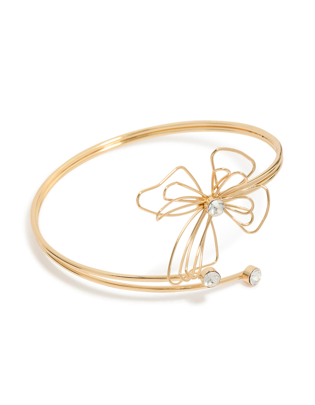 Showcasing a gold diamante wire butterfly arm cuff with statement style front view
