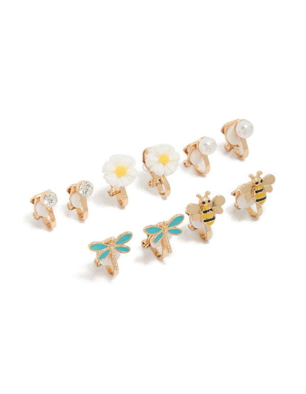Showcasing kids clip on earrings in a 5-pack featuring bee and dragonfly charms with floral pearl accents in gold, white, turquoise, and yellow front view
