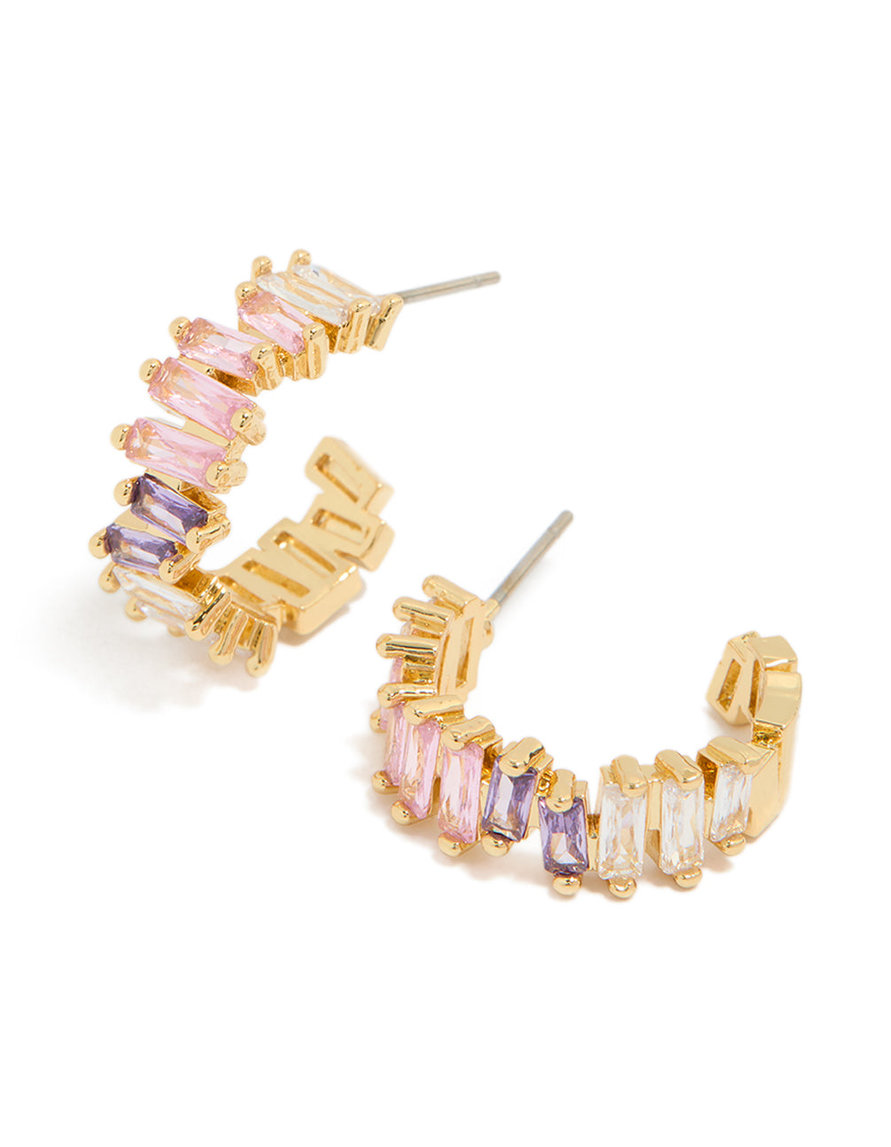 Showcasing statement hoop earrings crafted from gold plated material with baguette cut cubic zirconia in pink and purple front view