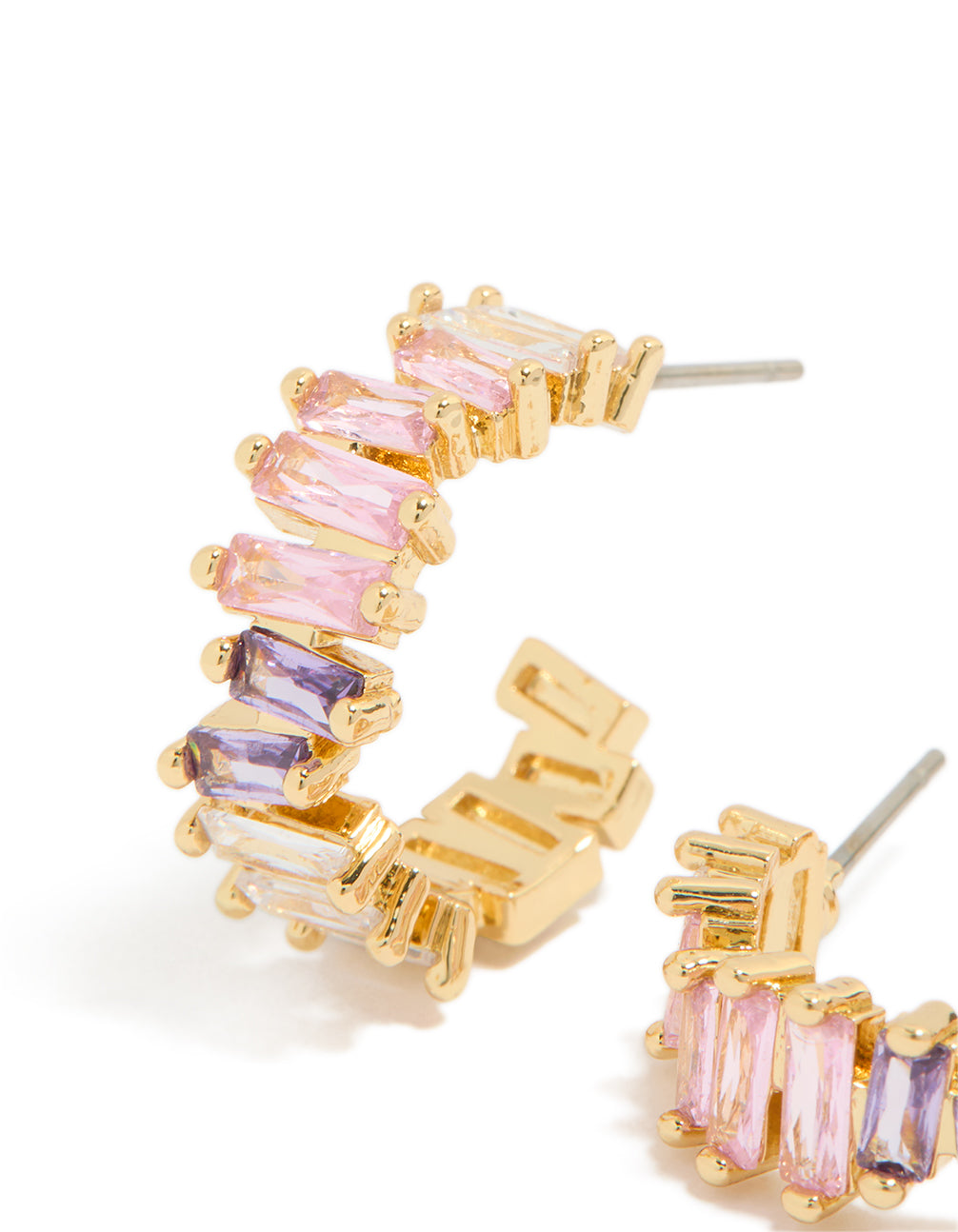 Highlighting gold plated pink and purple cubic zirconia baguette hoop earrings in statement style close up view