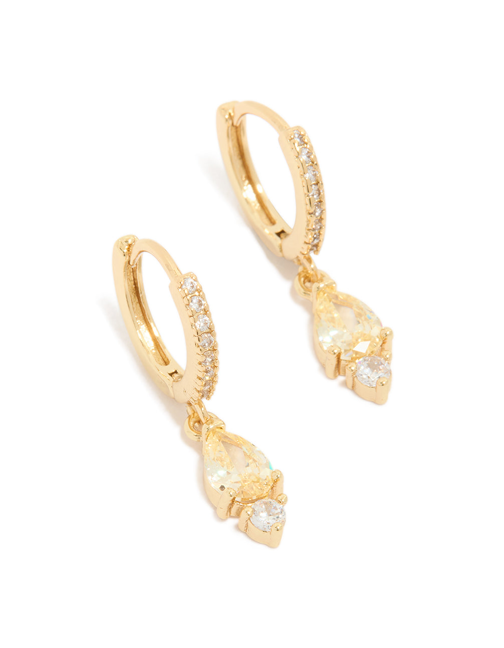 Showcasing gold plated cubic zirconia huggie earrings with huggie closure in yellow front view