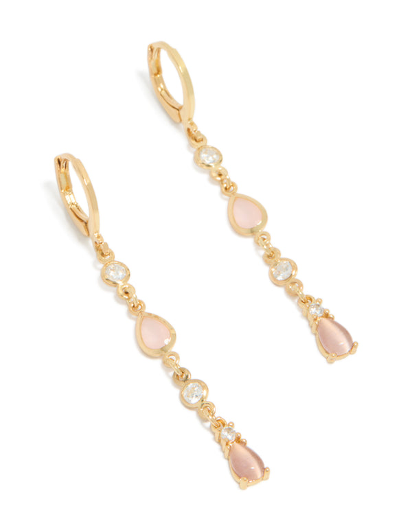 Gold Plated Cubic Zirconia Trio & Pink Catseye Drop Huggie Earrings