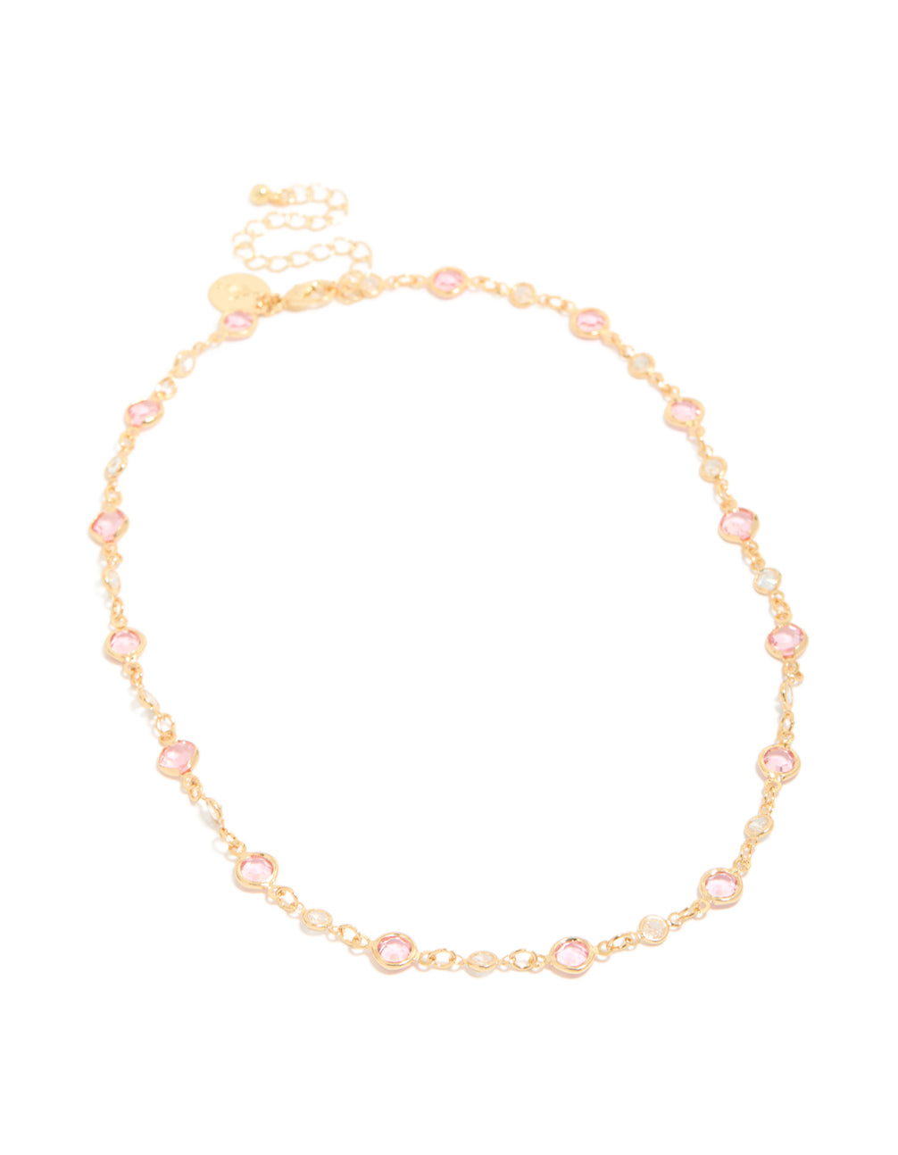 Elegant gold pink and clear cubic zirconias round station necklace front view