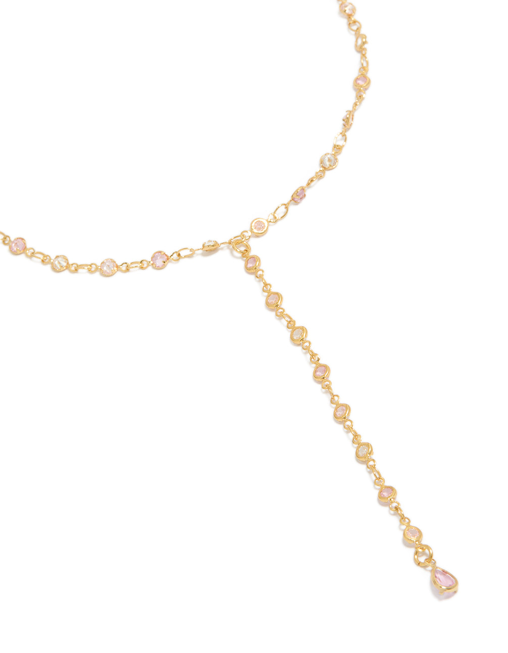 Showcasing a gold plated pink and clear cubic zirconia circles Y-necklace with statement dainty styling close up view