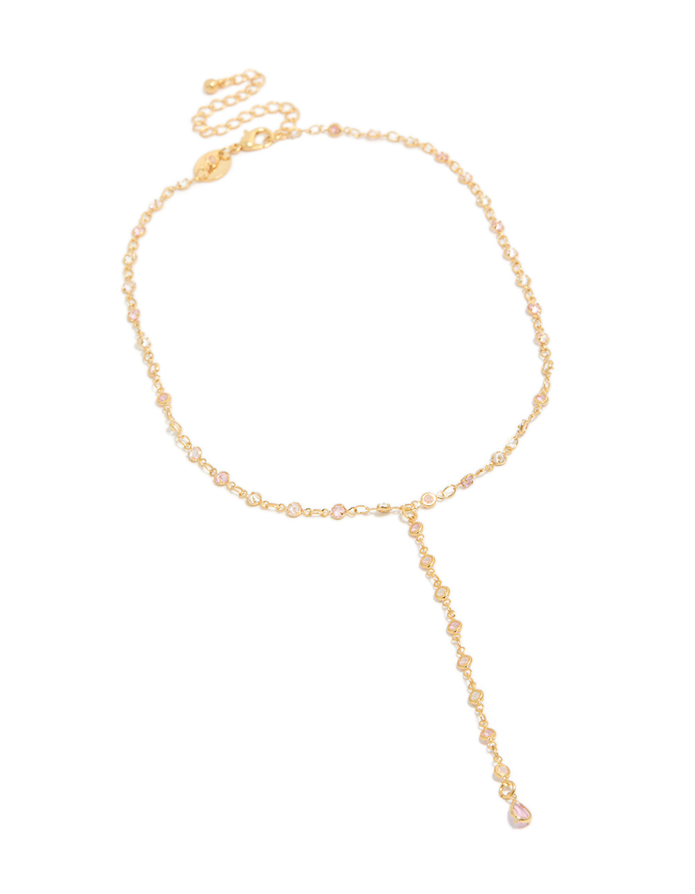 Displaying a gold plated pink and clear cubic zirconia circles Y-necklace with statement dainty styling front view
