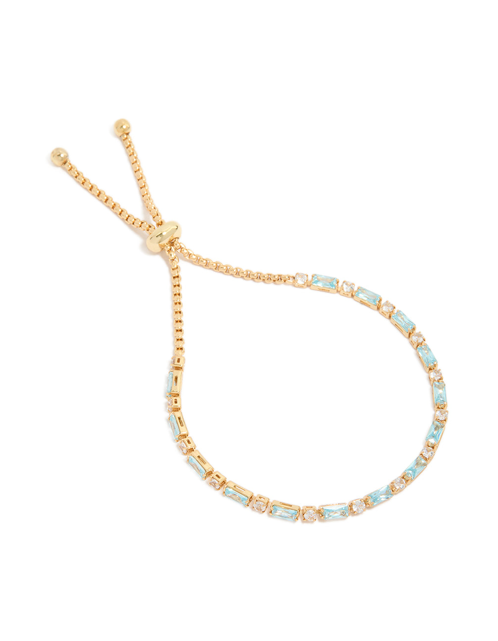 Showcasing a gold plated clear and blue baguette cut cubic zirconia toggle bracelet front view