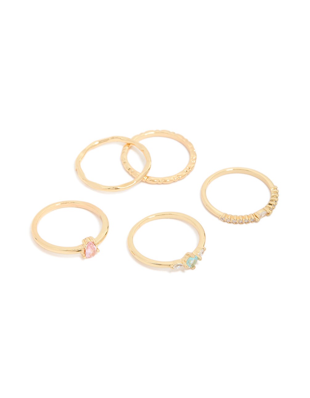 This stunning 5-pack features gold plated rings with solitaire and oval stone cut cubic zirconia in pink and blue crystal front view