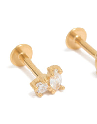 Featuring gold plated surgical steel oval and circle cubic cluster zirconia flat back studs with clear stones close up view - link has visual effect only