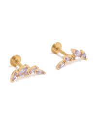 Featuring crawler style earrings crafted from gold plated surgical steel with purple cubic zirconia stones and flat back closure front view - link has visual effect only