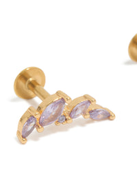 Showcasing crawler style earrings in gold plated surgical steel featuring purple cubic zirconia stones with flat back closure close up view - link has visual effect only