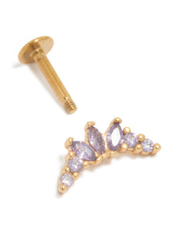 Featuring a dainty stud earring in gold plated surgical steel with marquise cut purple cubic zirconia and flat back closure post detail view - link has visual effect only