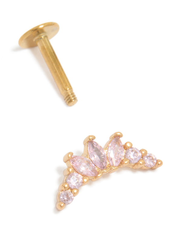 Showcasing a chunky single flat back stud earring crafted from gold plated surgical steel featuring pink cubic zirconia post detail view