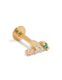 Showcasing a crawler style featuring cubic zirconia in pink, clear and teal, crafted from gold plated surgical steel with flat back stud closure front view - link has visual effect only