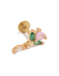 Showcasing a dainty rose drop stud crafted from gold plated surgical steel with pink cubic zirconia, Marquise stone cut, and flat back closure front view - link has visual effect only
