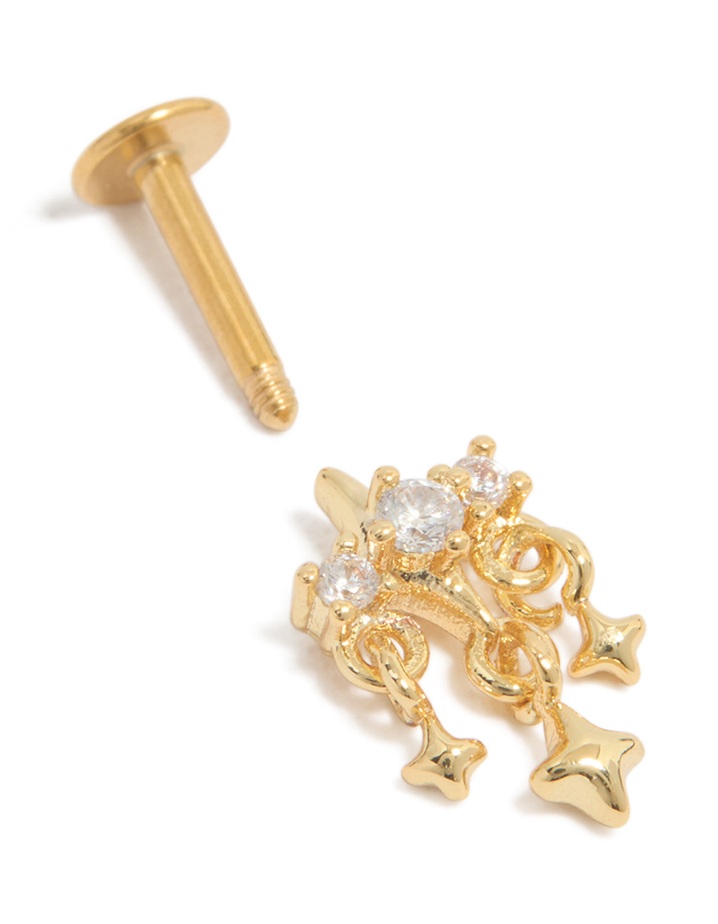 Highlighting a celestial charm star flat back stud crafted from gold plated surgical steel with cubic zirconia post detail view