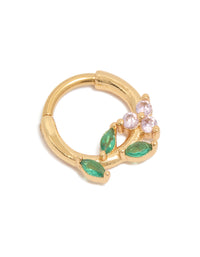 Showcasing a gold plated surgical steel cubic zirconia flower and leaves clicker ring with crystal embellishments in pink and lime green tones front view - link has visual effect only
