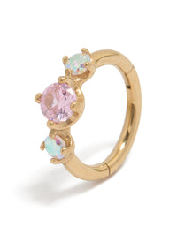 Featuring a gold plated surgical steel multi cubic zirconia circle clicker ring with crystal in pink and aqua front view - link has visual effect only