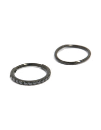 Showcasing black coated surgical steel hinged nose rings featuring cubic zirconia front view - link has visual effect only