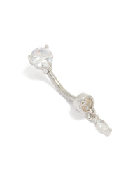 Showcasing a surgical steel belly bar with charm featuring round cut cubic zirconia in silver and clear front view - link has visual effect only