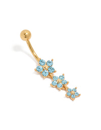 Beautifully crafted gold plated surgical steel belly bar featuring three sky blue cubic zirconia flowers design front view - link has visual effect only