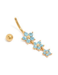 Showcasing gold plated surgical steel belly bar with three sky blue cubic zirconia flowers components separated detail view - link has visual effect only