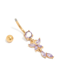 Designed with butterfly charm belly bar in gold plated surgical steel with purple cubic zirconia detail view - link has visual effect only