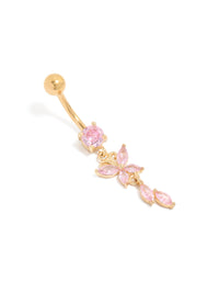 Featuring butterfly charm crafted from surgical steel with gold plated cubic zirconia in pink belly bar front view - link has visual effect only