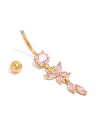 Showcasing butterfly charm designed with surgical steel and gold plated cubic zirconia in pink belly bar detail view - link has visual effect only