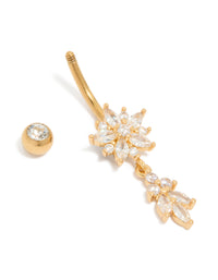 Featuring a gold plated surgical steel belly bar with cubic zirconia flower and leaf charm detail view - link has visual effect only