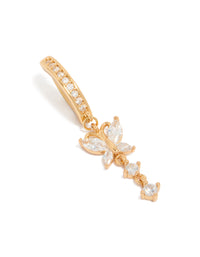 Showcasing a butterfly charm with cubic zirconia on gold plated surgical steel curved belly bar ring front view - link has visual effect only