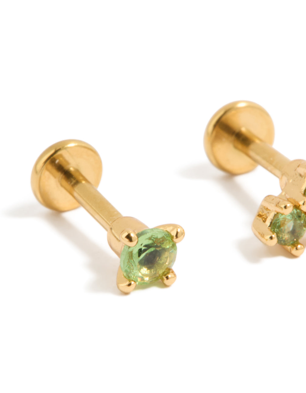 Designed with gold plated titanium olive green cubic zirconia flat back studs close up view