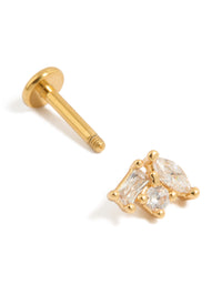 Featuring a multi shaped cubic zirconia stud crafted from titanium with flat back closure and gold plated finish post detail view - link has visual effect only