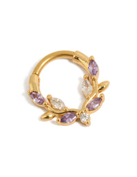 Showcasing a gold plated titanium purple and clear cubic zirconia vine clicker ring front view - link has visual effect only