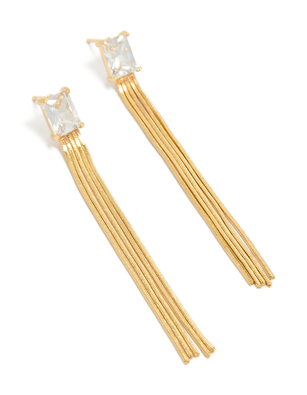 Discover gold plated cubic zirconia square fringe drop earrings with tassel detailing and statement style front view