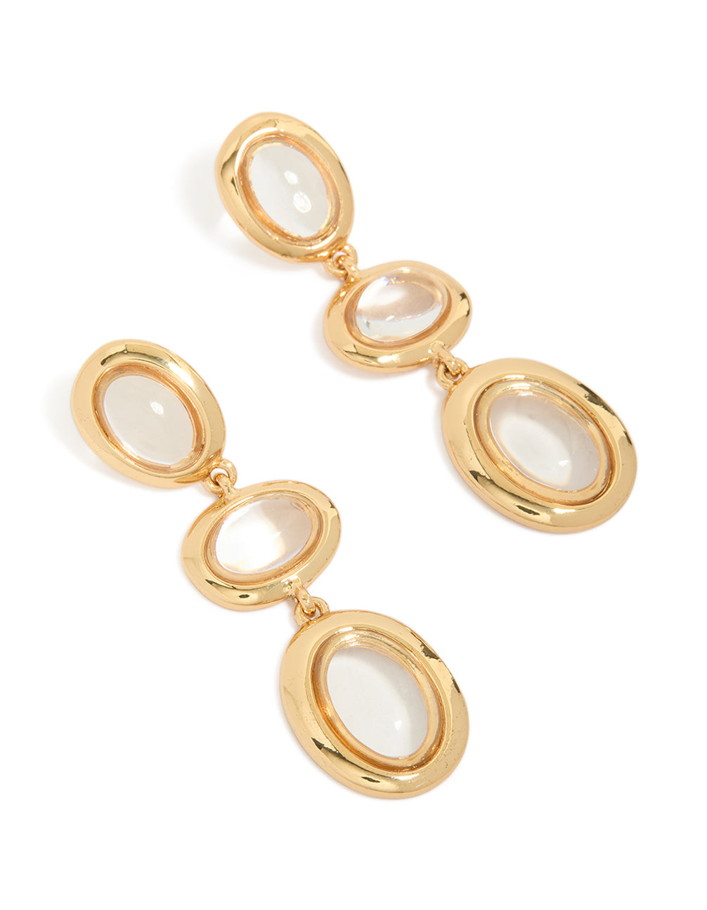 Showcasing gold plated statement clear circle drop earrings front view
