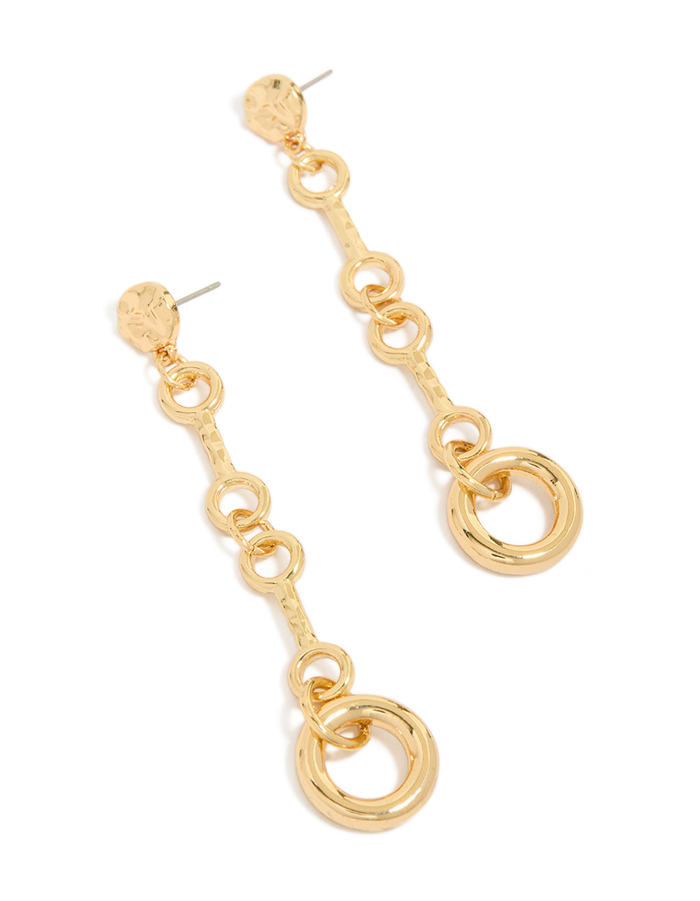 Discover these gold plated molten chain long drop earrings in a statement style front view
