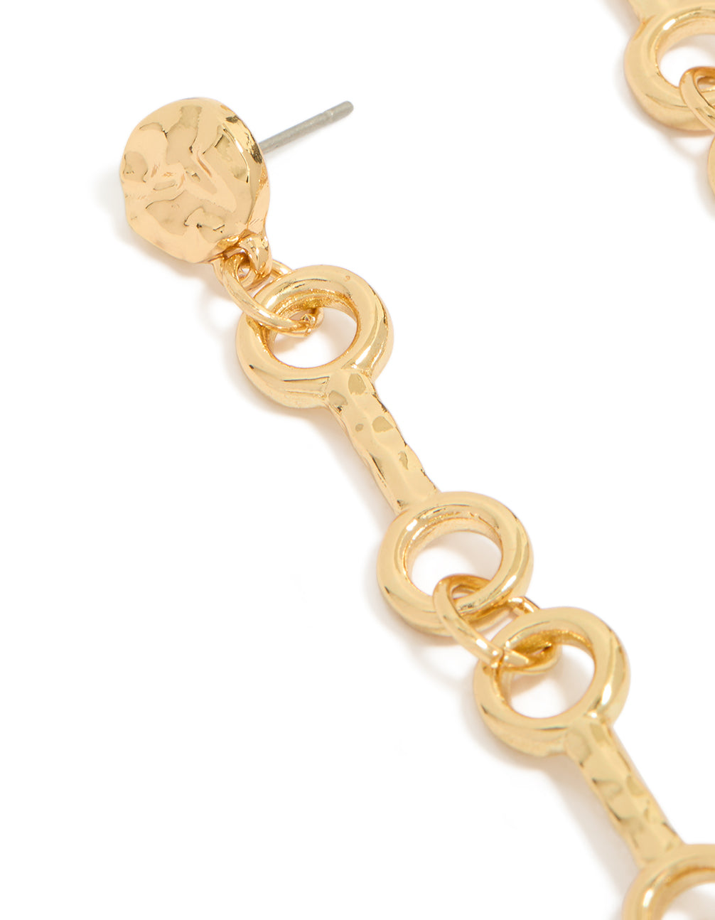 Crafted from gold plated material, these molten chain long drop earrings feature statement style close up view